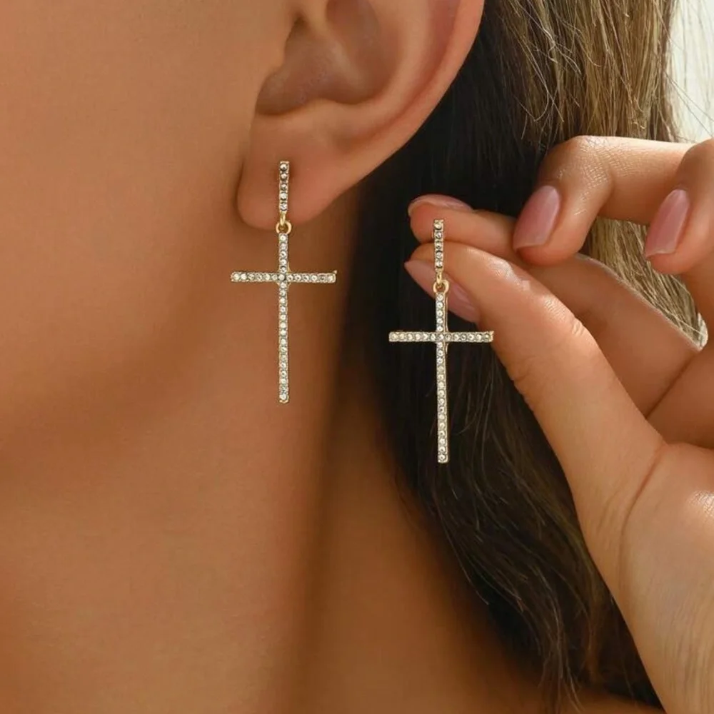 Elegant Gold Cross Earrings, Rhinestone Cross Earrings