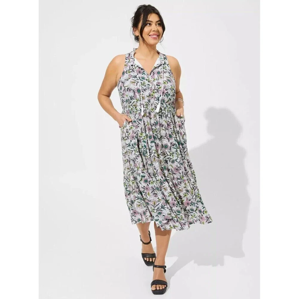 Torrid Plus Size 1 White Wash Gauze Tiered Midi Dress Split Tie‎ V-Neck Summer