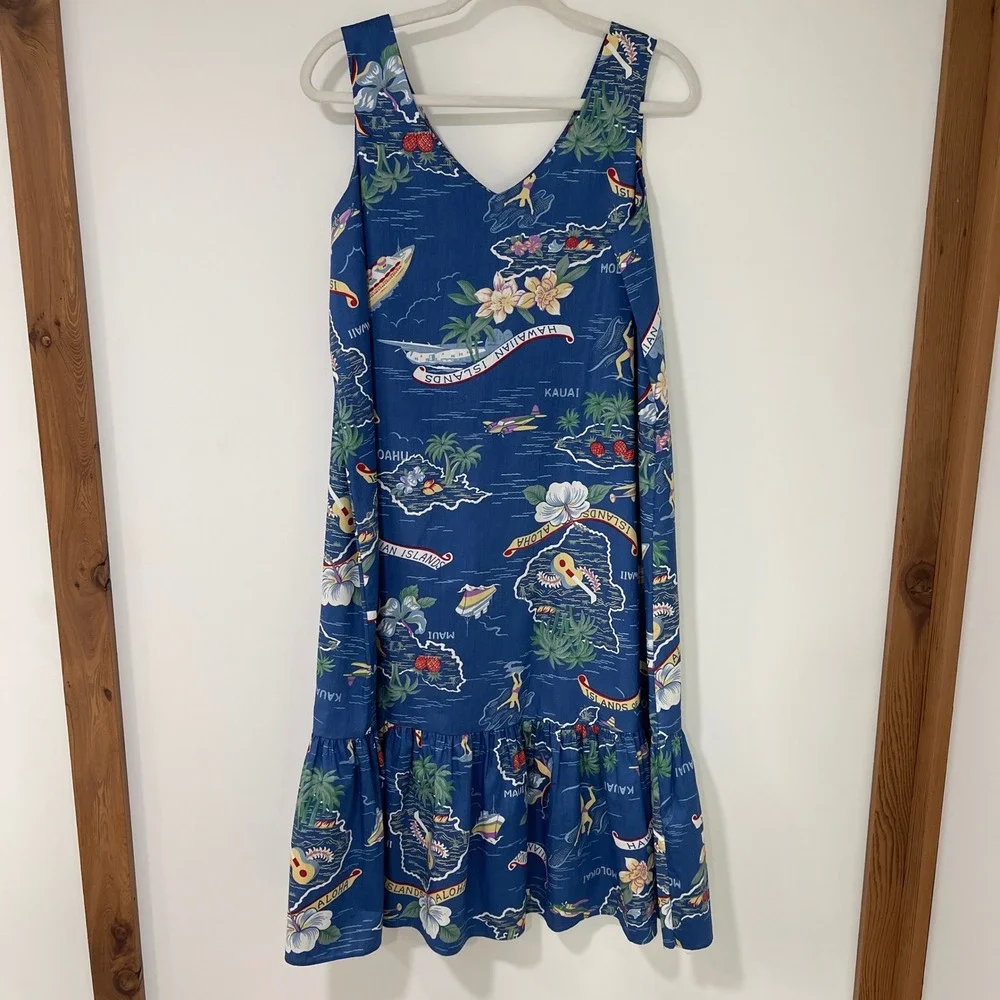 Hilo Hattie Hawaiian Islands Map Dress‎ Womens Medium Blue Ruffle Hem | Tropical