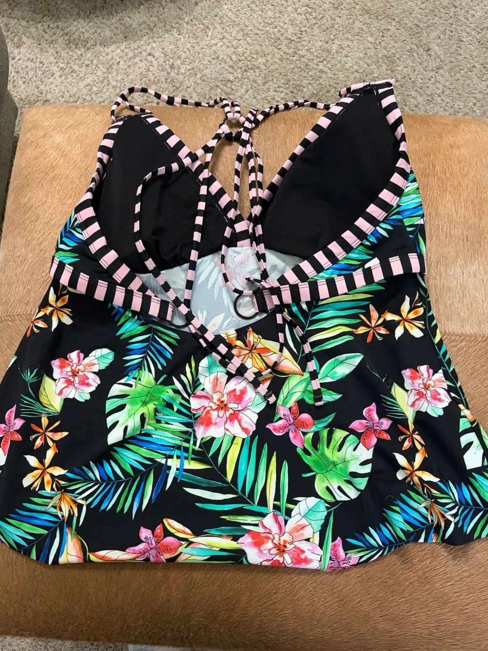Swimsuits For All Black Tankini Top with Floral Design and Black Skirt Bottom