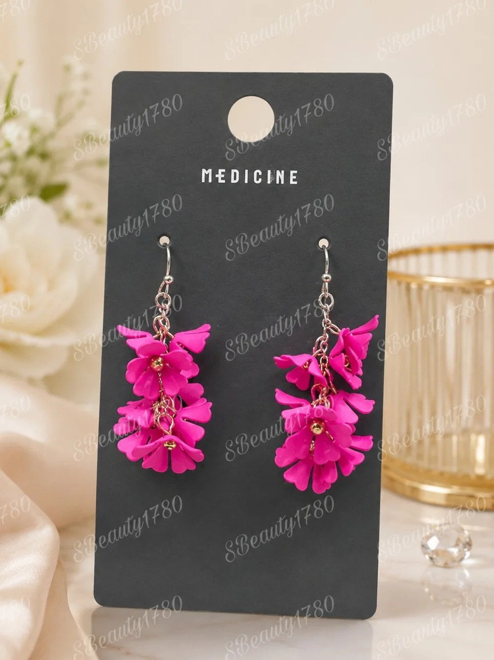 🌸 Bright Pink Floral Cluster Drop Earrings – New 🌸