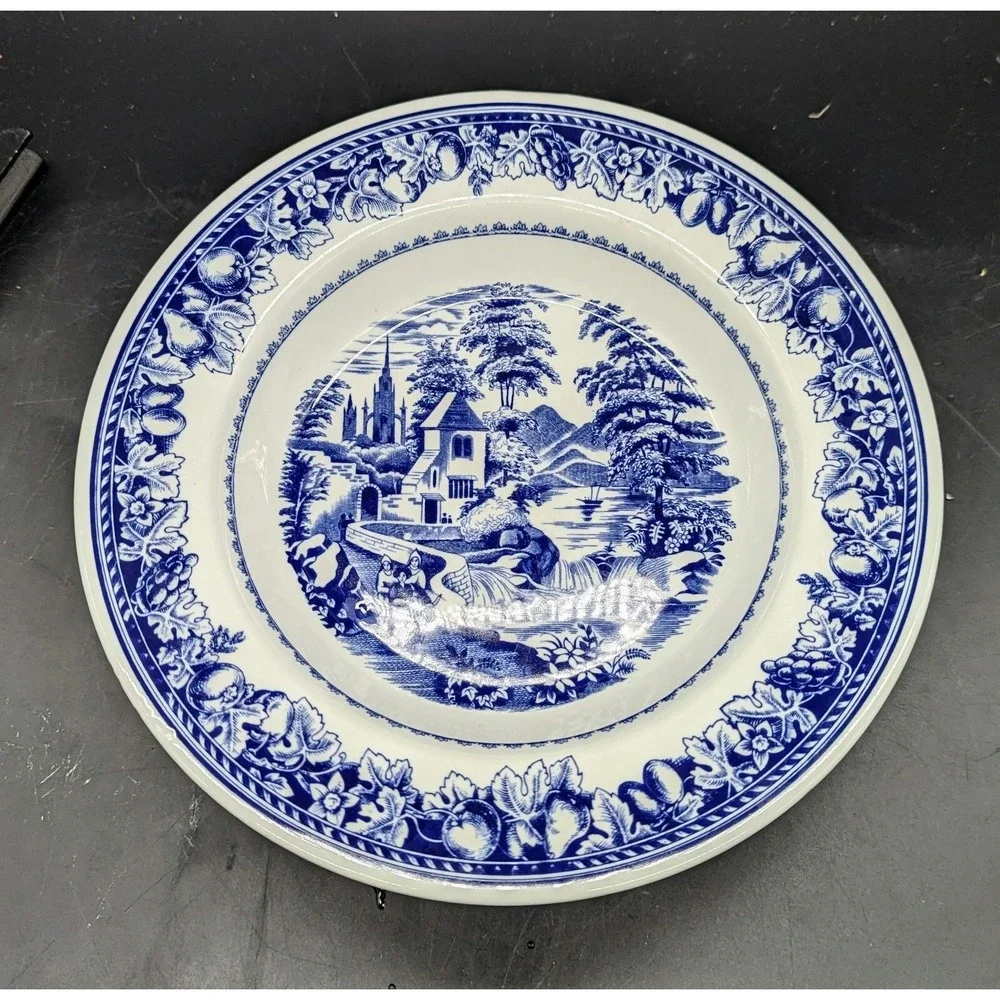 Italian Porcelain Blue & White Transfer Rim Soup Bowls Village Scene Set/3 Italy