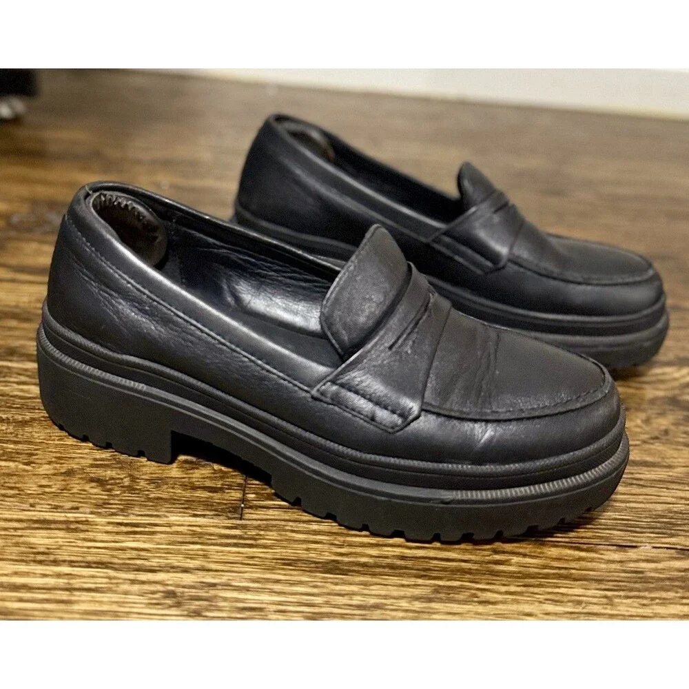 Patina Black Leather Penny Loafers Womens 7.5/EU37.5 Chunky Lug Sole Style 13451