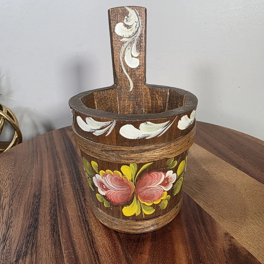 Vintage Handcrafted Small Wooden Pot with Floral Design Scandinavian Antique