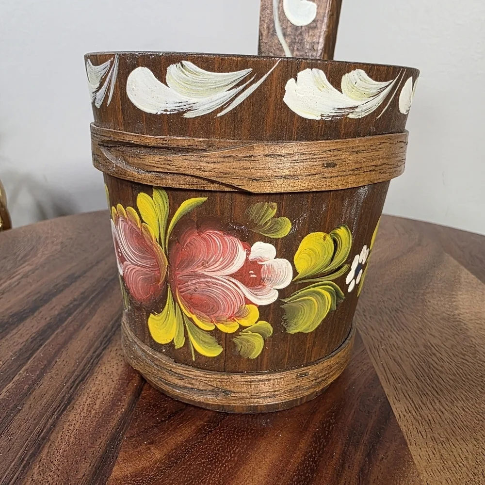 Vintage Handcrafted Small Wooden Pot with Floral Design Scandinavian Antique