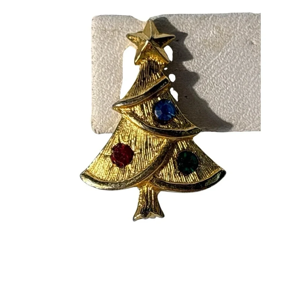 Vintage Gold Tone Colorful Rhinestone Christmas‎ Tree Holiday Clip On Earrings