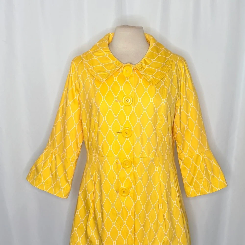 EDEN COURT Yellow White Geometric Print Coat Jacket Bell Sleeves‎ Pockets Large
