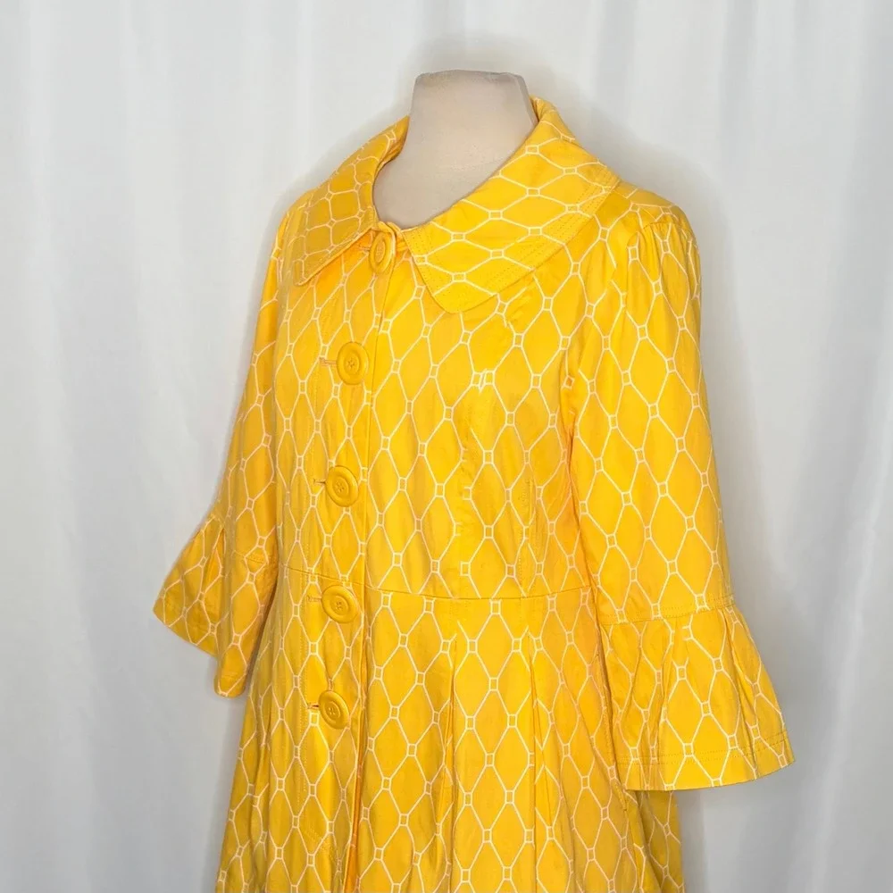 EDEN COURT Yellow White Geometric Print Coat Jacket Bell Sleeves‎ Pockets Large
