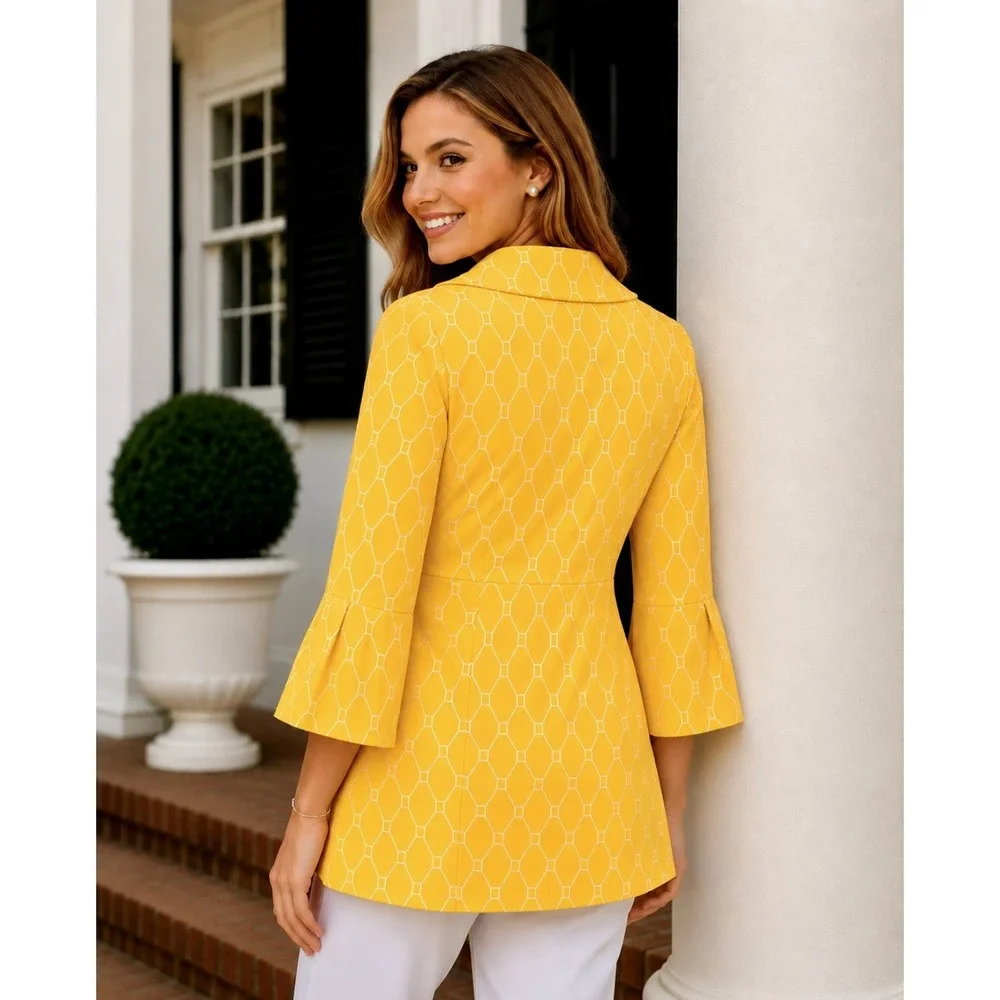 EDEN COURT Yellow White Geometric Print Coat Jacket Bell Sleeves‎ Pockets Large