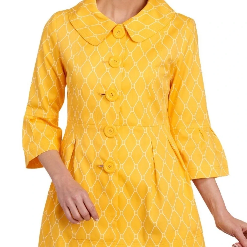 EDEN COURT Yellow White Geometric Print Coat Jacket Bell Sleeves‎ Pockets Large