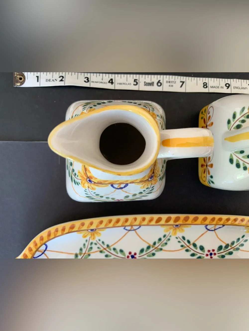 Handpainted Ceramic Oil & Vinegar Cruets Set with base tray, Portugal