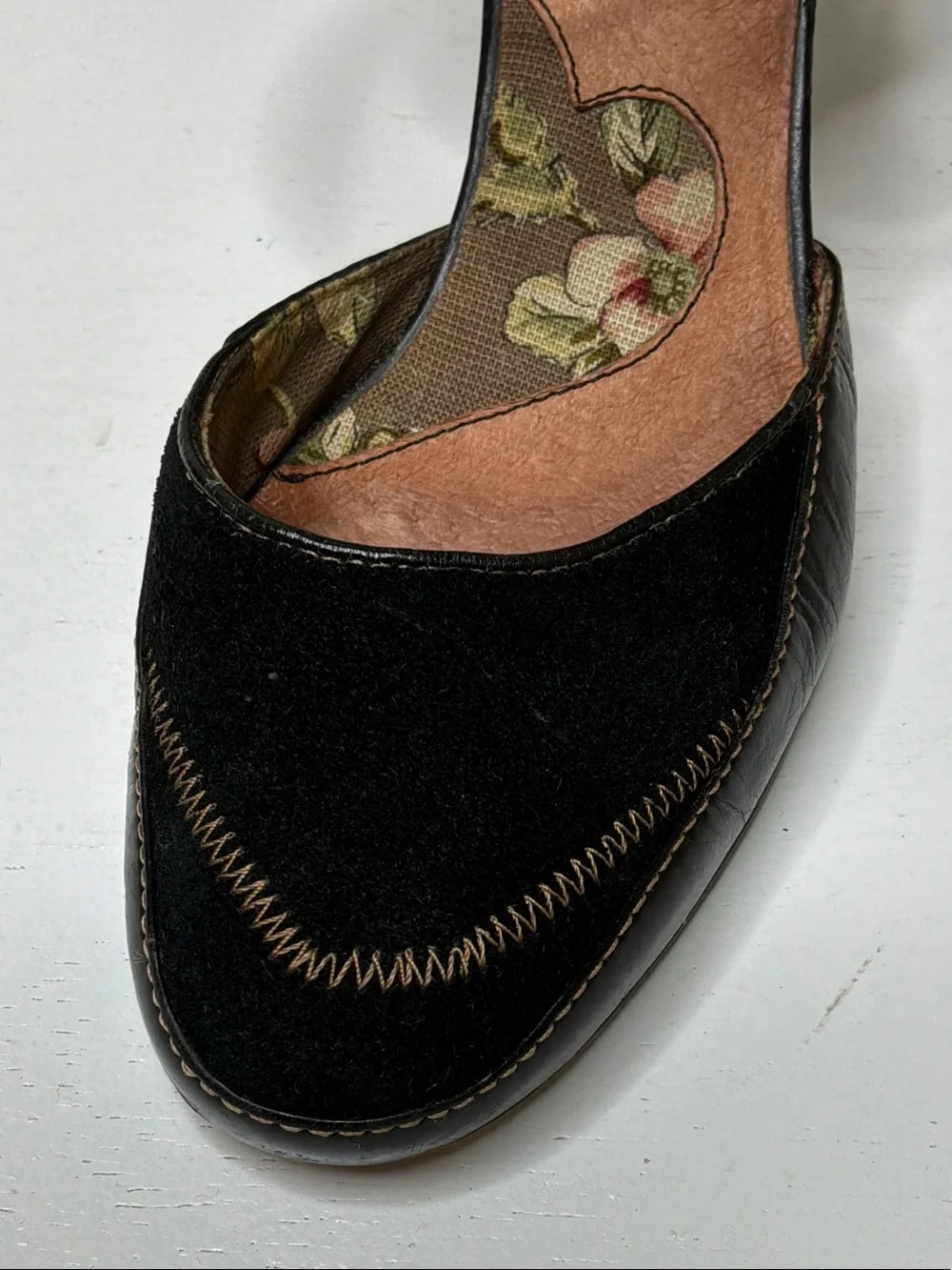 Kenzie Kayna Black Suede/Leather Ankle-Strap Heels Floral Cut Out In Leather Sz8