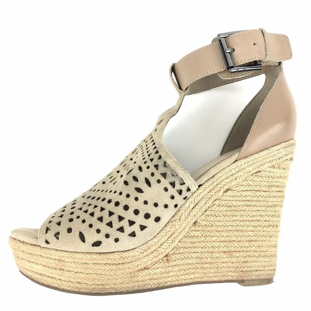Marc Fisher Hasina Women Wedge Sandals Size 10 Perforated Suede Ankle Strap Jute