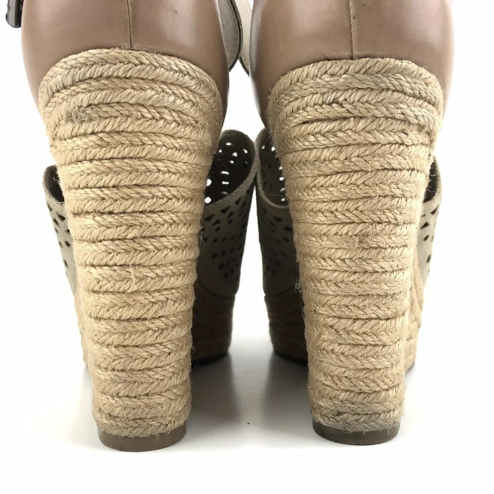 Marc Fisher Hasina Women Wedge Sandals Size 10 Perforated Suede Ankle Strap Jute