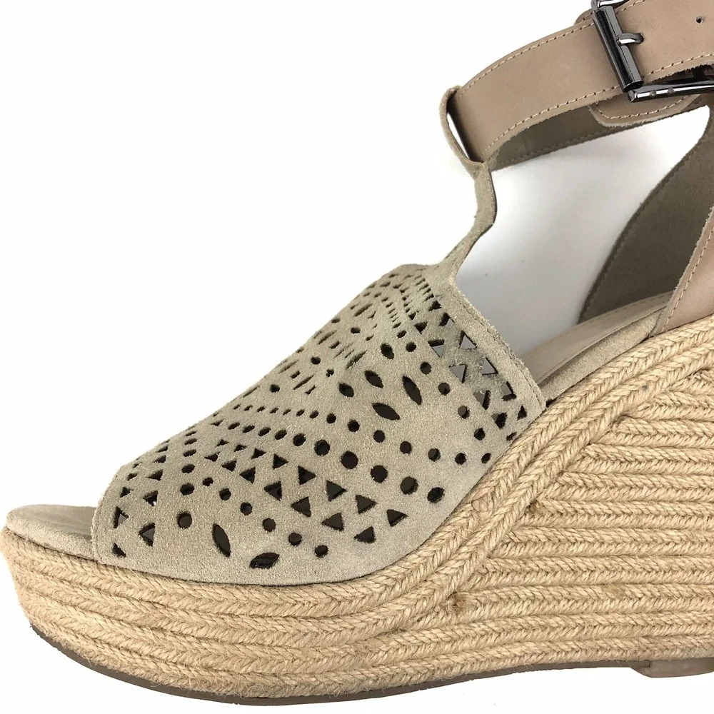 Marc Fisher Hasina Women Wedge Sandals Size 10 Perforated Suede Ankle Strap Jute