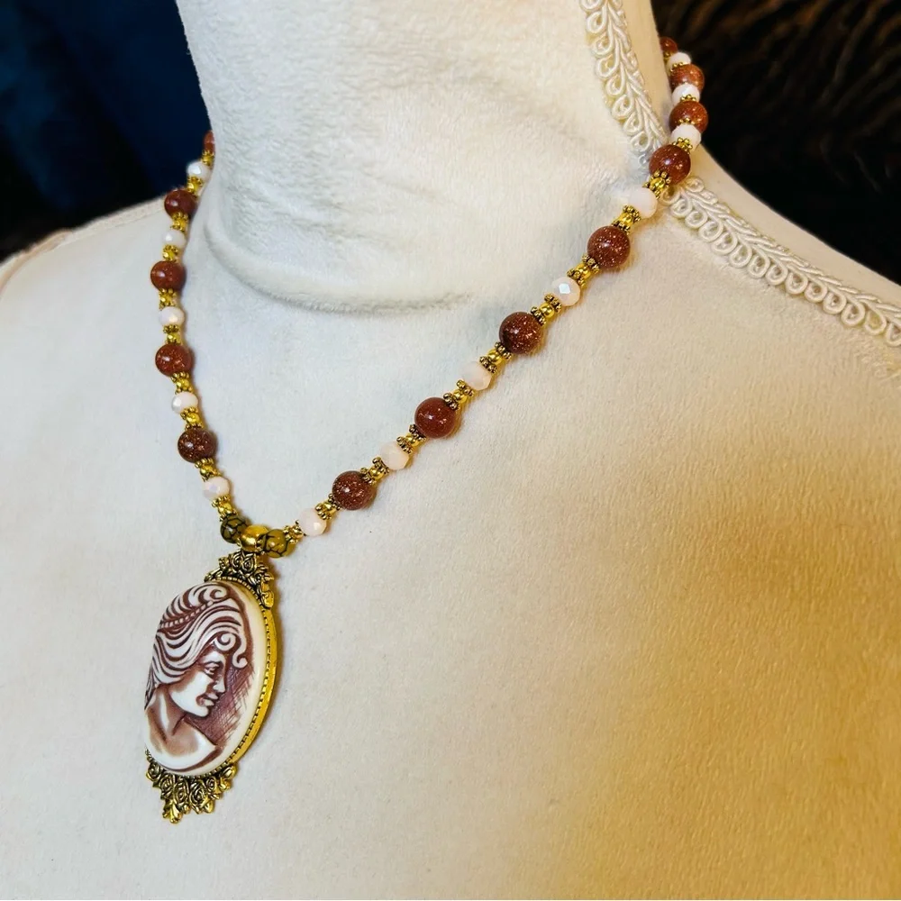 Handcrafted vintage high dome Victorian lady cameo goldstone bead necklace