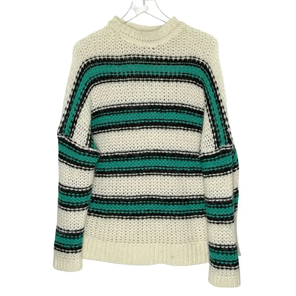 Maje Mohair Slouchy Oversized Sweater M Striped Green Black Drop Shoulder *flaw