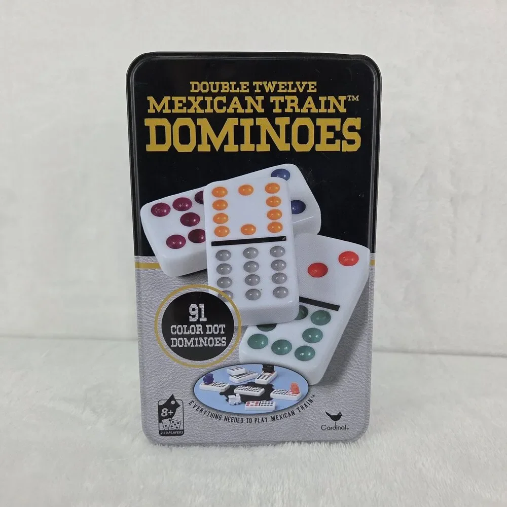 Cardinal Mexican Train Dominoes Set 91 Color Dot Double Twelve Tin Box Complete