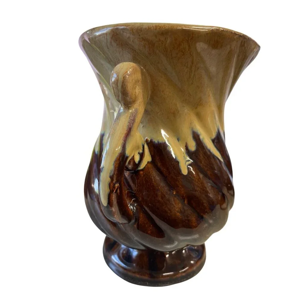 Vintage Brown & Tan Ceramic Vase With Swirled Handles &‎ Drip Glaze Finish