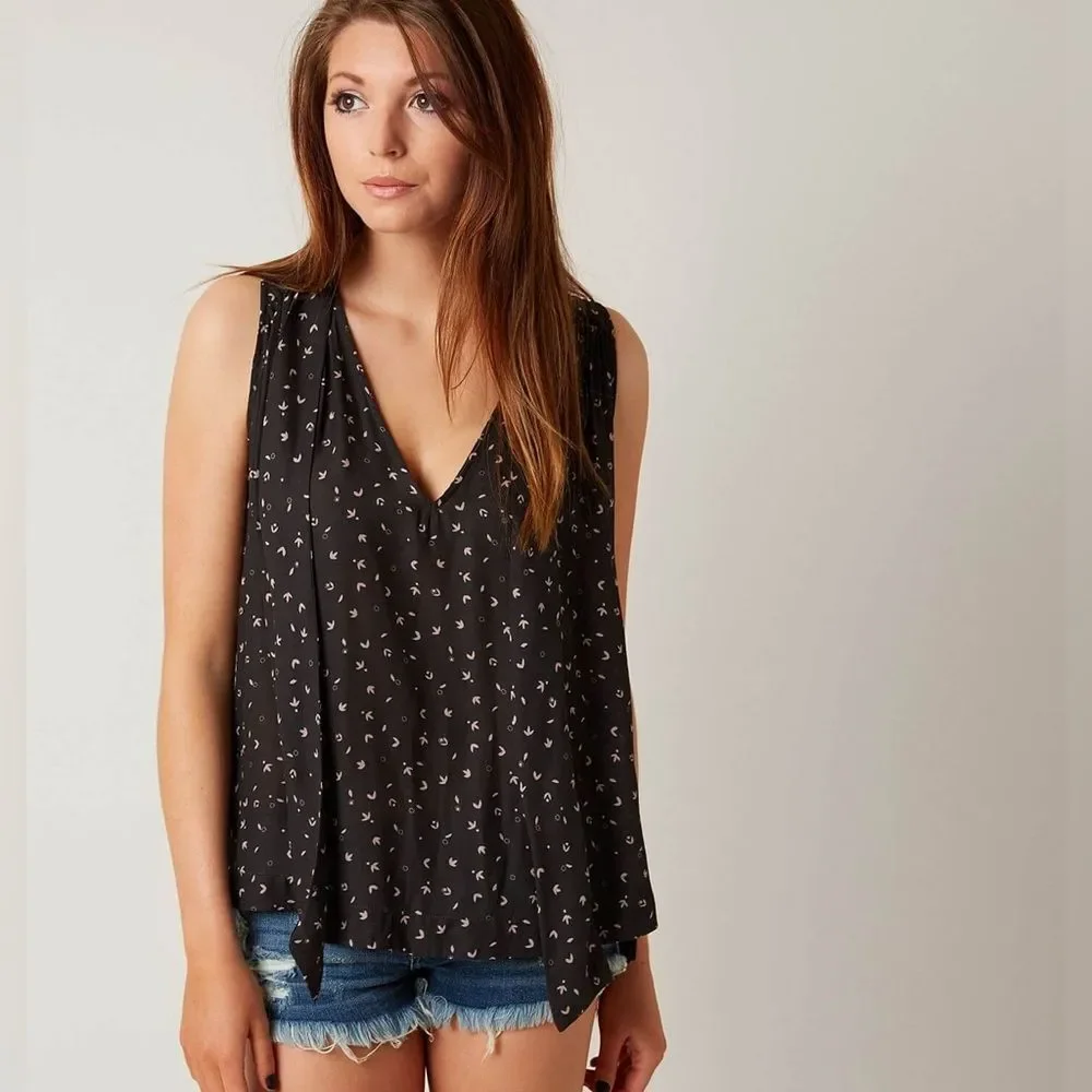 Free People High Low Hem Tank Top Black Sleeveless Printed Blouse Tie Womens L