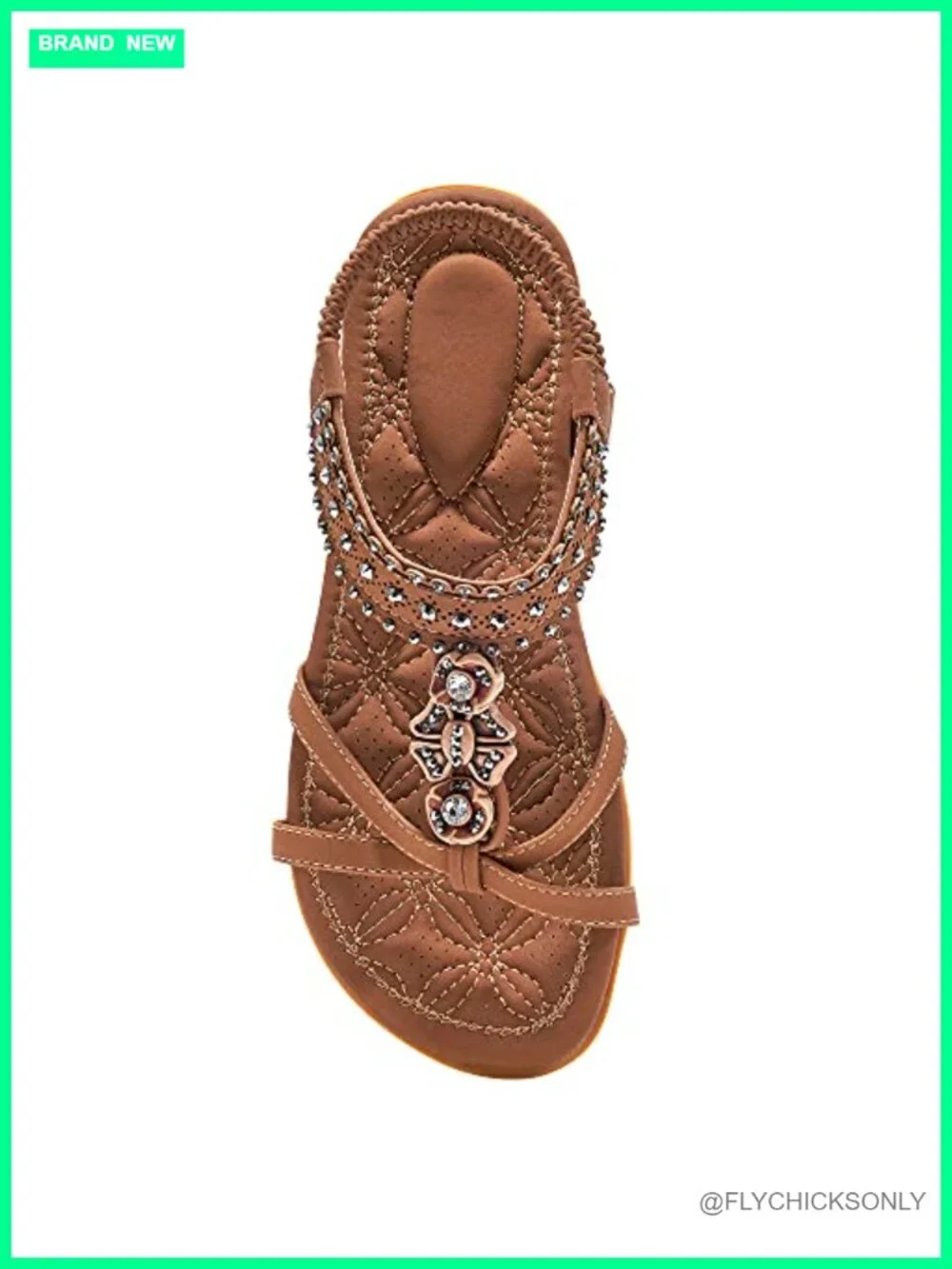 Women's Bohemian Flat Sandals with Rhinestone Ankle Strap, Memory Foam Insole