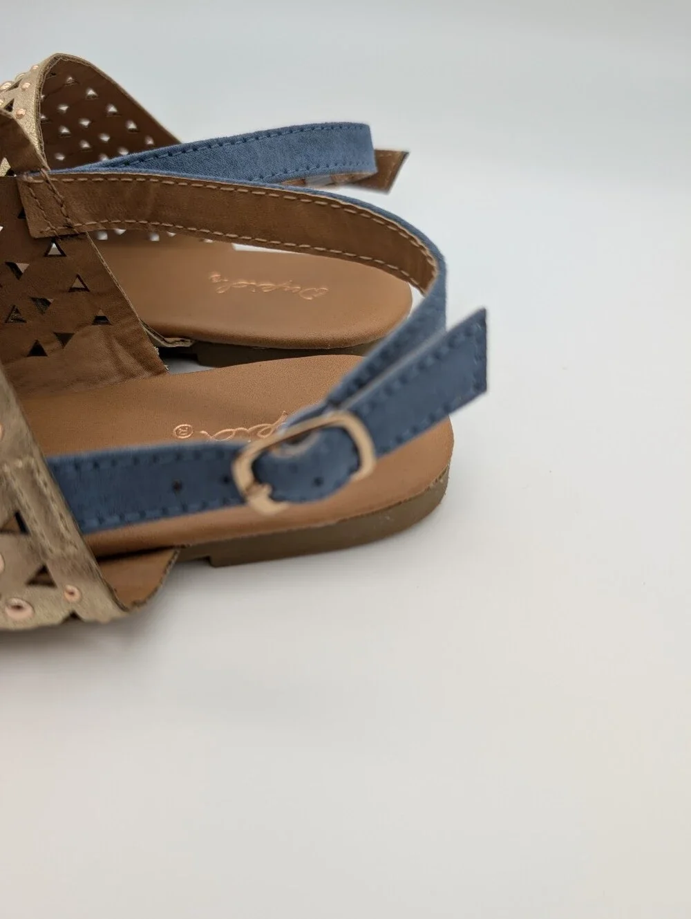 Qupid Geometric Laser Cut Studded Slingback Sandals Blue Metallic Gold