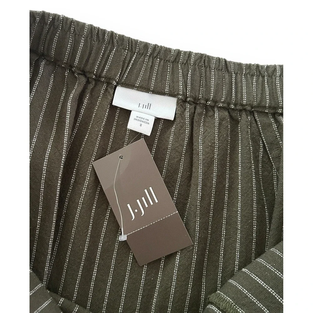 J. Jill Women S Moss Green Asymmetric Drape Front Pinstripe Linen Midi Skirt NWT