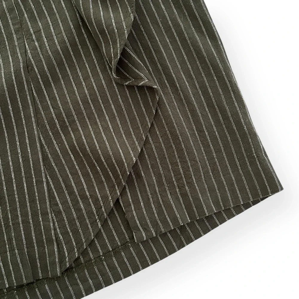 J. Jill Women S Moss Green Asymmetric Drape Front Pinstripe Linen Midi Skirt NWT