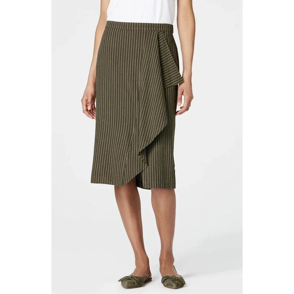 J. Jill Women S Moss Green Asymmetric Drape Front Pinstripe Linen Midi Skirt NWT