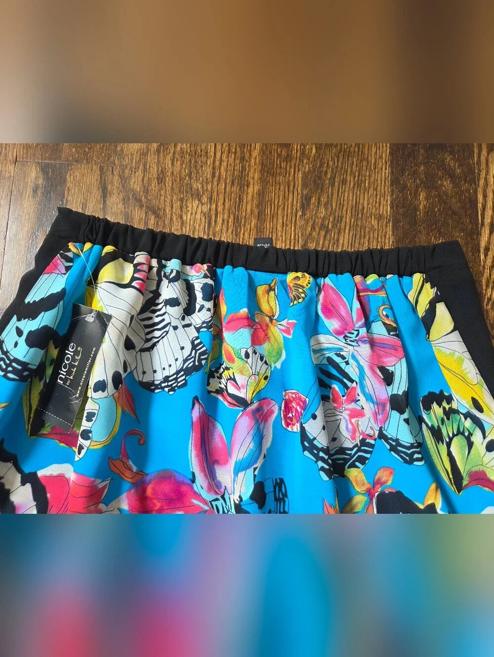 Nicole Miller Blue Butterfly Print High-Low Skirt with Black Trim