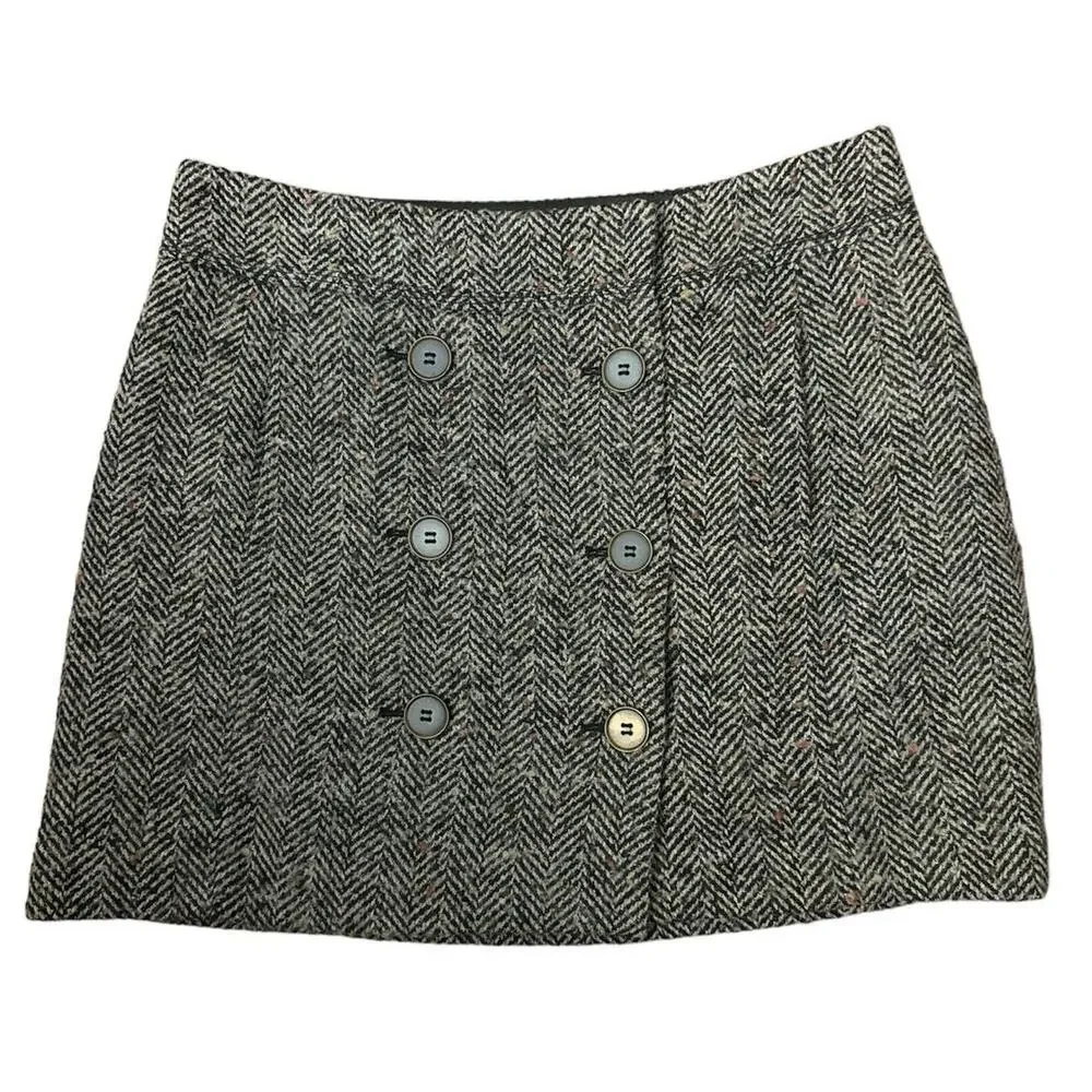 Loft Herringbone Wool wrap buttoned mini skirt size 8