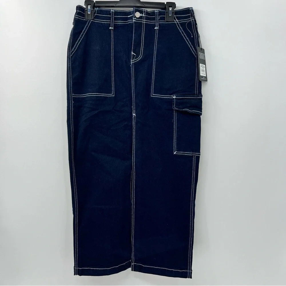 True Religion Cargo Maxi Denim Skirt 28 Dark Wash Utility Y2K NWT Slit