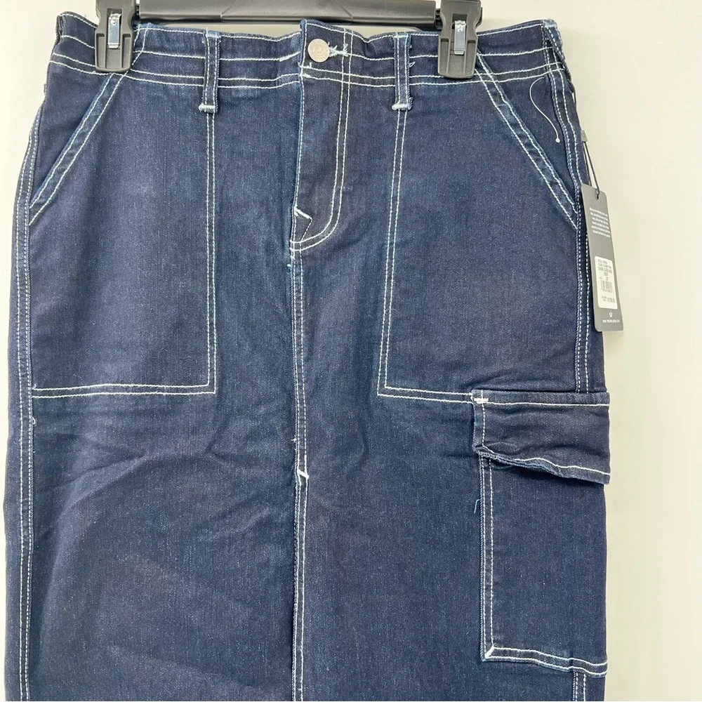 True Religion Cargo Maxi Denim Skirt 28 Dark Wash Utility Y2K NWT Slit