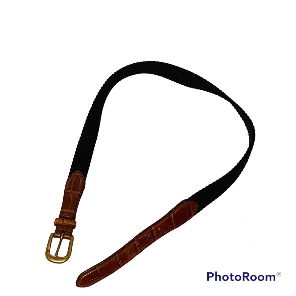 BRIGHTON MENS BELT NAVY BLUE BRAIDED CORD BROWN CROC LOOK LEATHER SIZE 36 USA