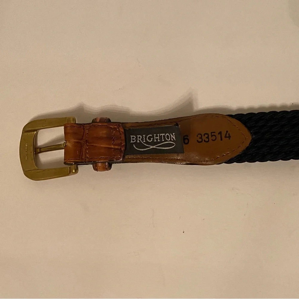 BRIGHTON MENS BELT NAVY BLUE BRAIDED CORD BROWN CROC LOOK LEATHER SIZE 36 USA
