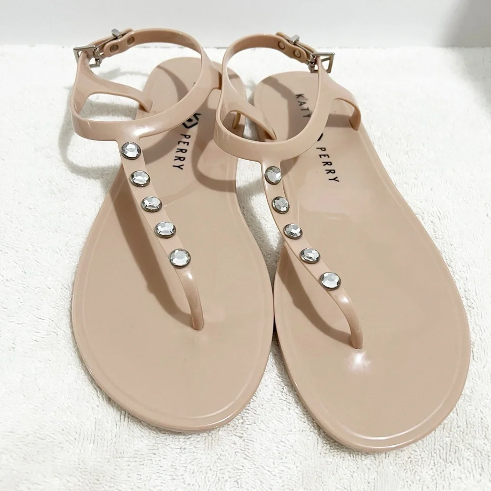 Katy Perry Jelly Stud Sandals Taupe Rhinestone Slingback Beachy Coquette 8