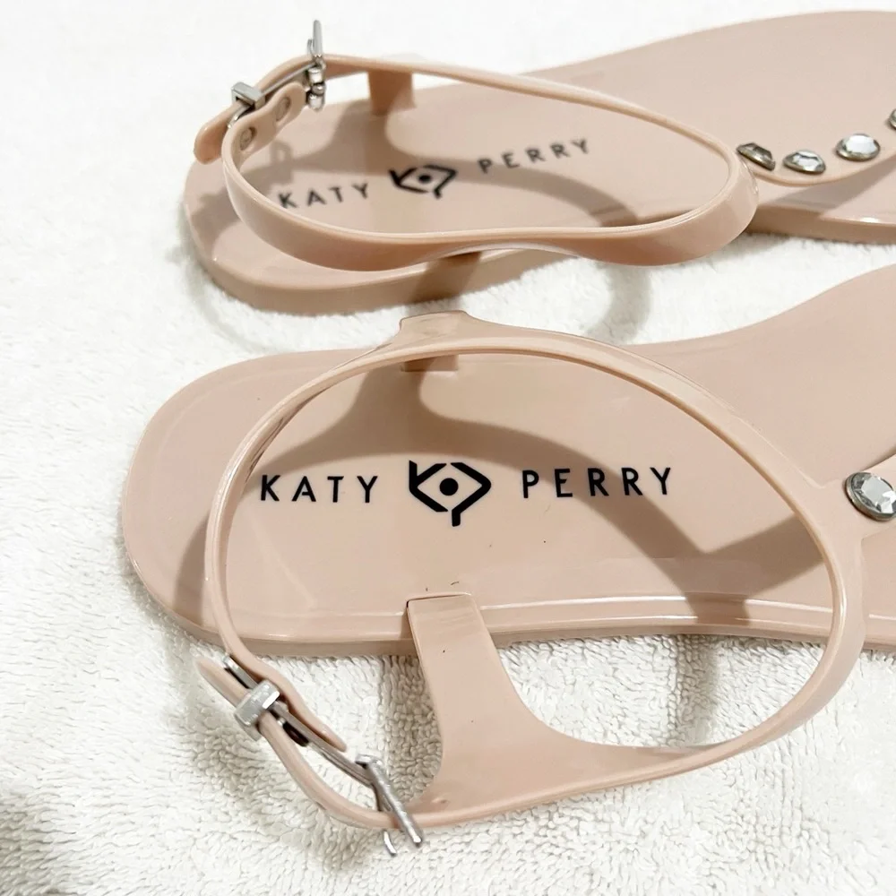 Katy Perry Jelly Stud Sandals Taupe Rhinestone Slingback Beachy Coquette 8
