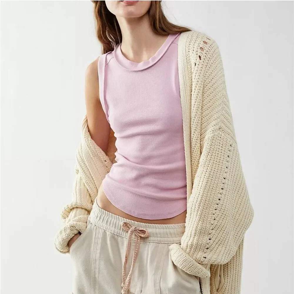 Free People X We The Free Kate Ribbed Tank Pink Sleeveless Stretch Top S NEW