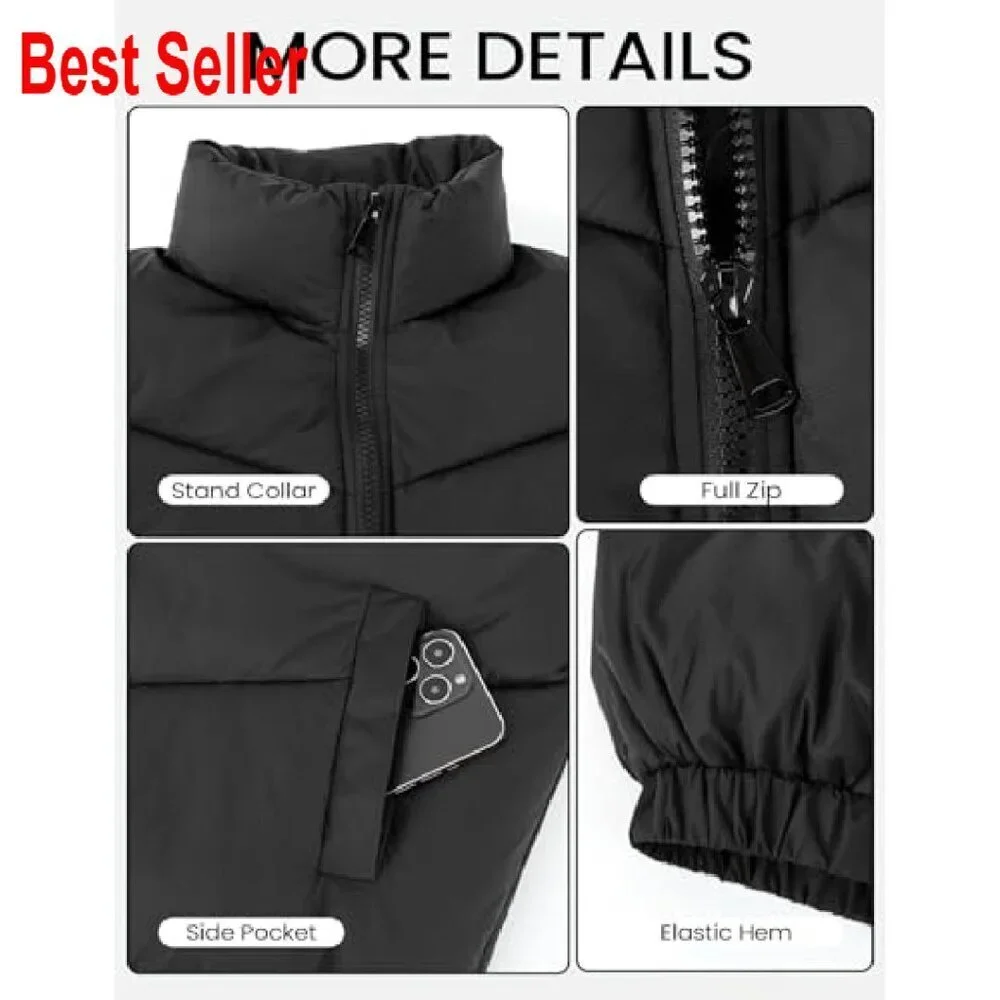 Cropped Puffer Jacket Quilted Lightweight Winter Warm Zip Up Stand Collar