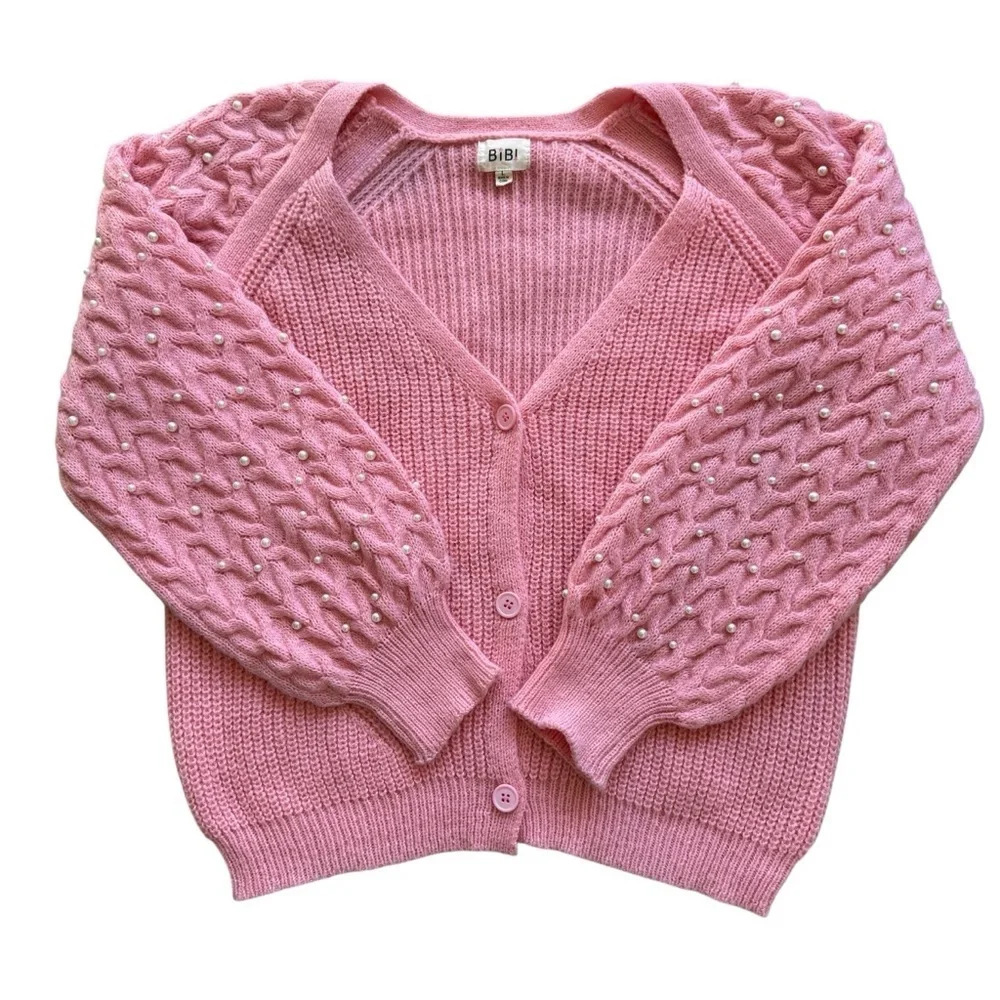 BiBi Women's Pink Pearl Beaded Cardigan Sweater Size L Balloon Sleeve Knit Cozy