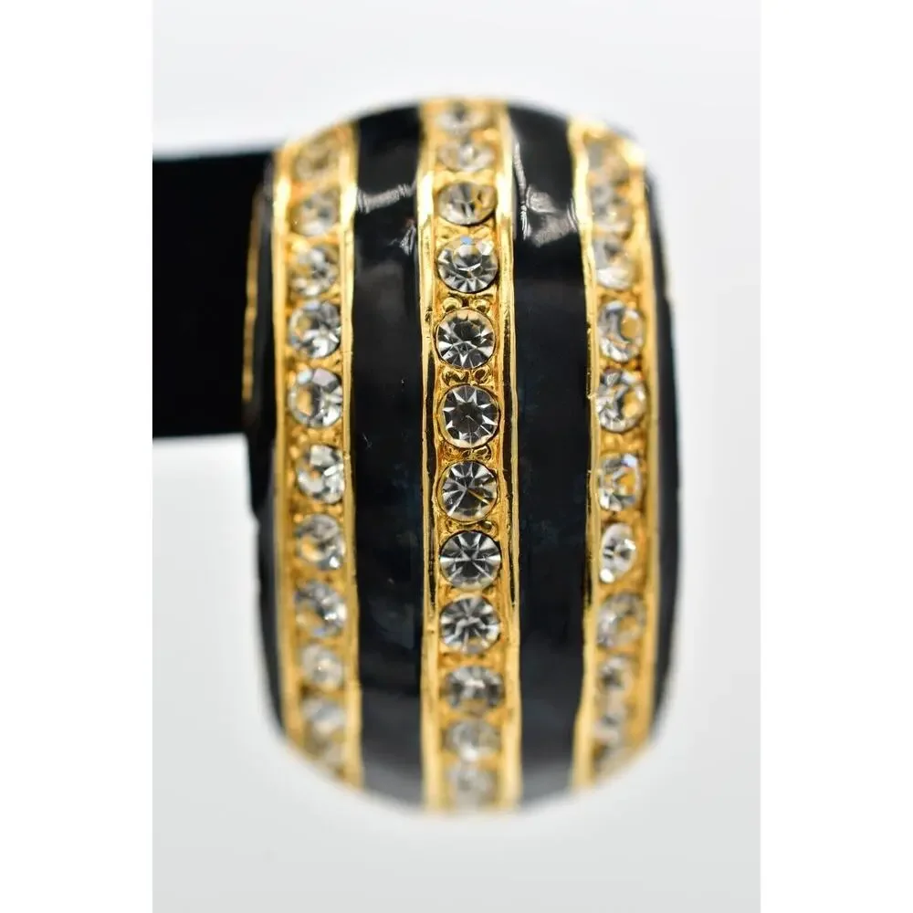 Vintage Crystal Clip On Earrings Black Enamel Rhinestone Gold Chunky 1980s BinBK