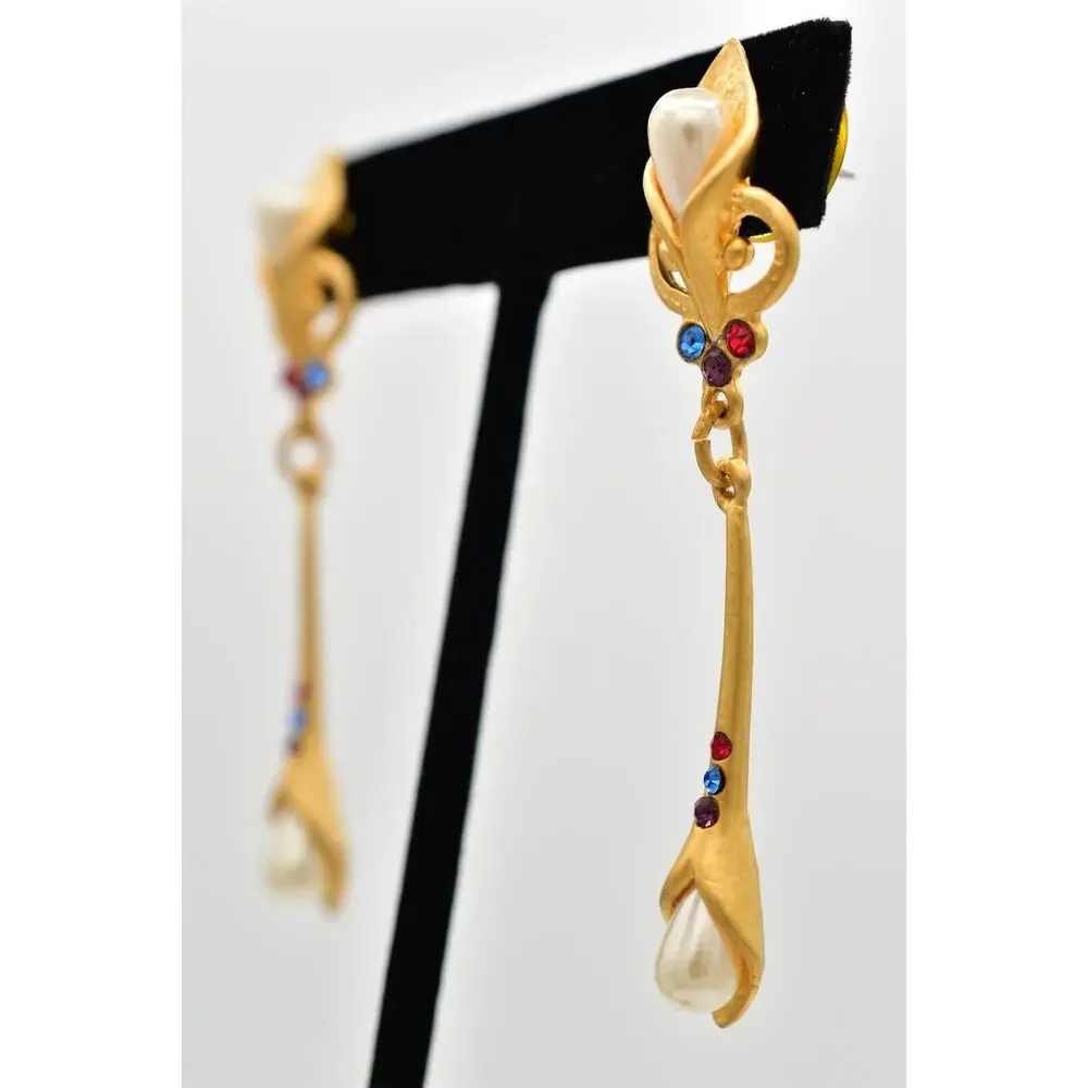 Vintage Pearl Crystal Dangle Earrings Drop Brushed Gold Matte NOS 1980s BinBK