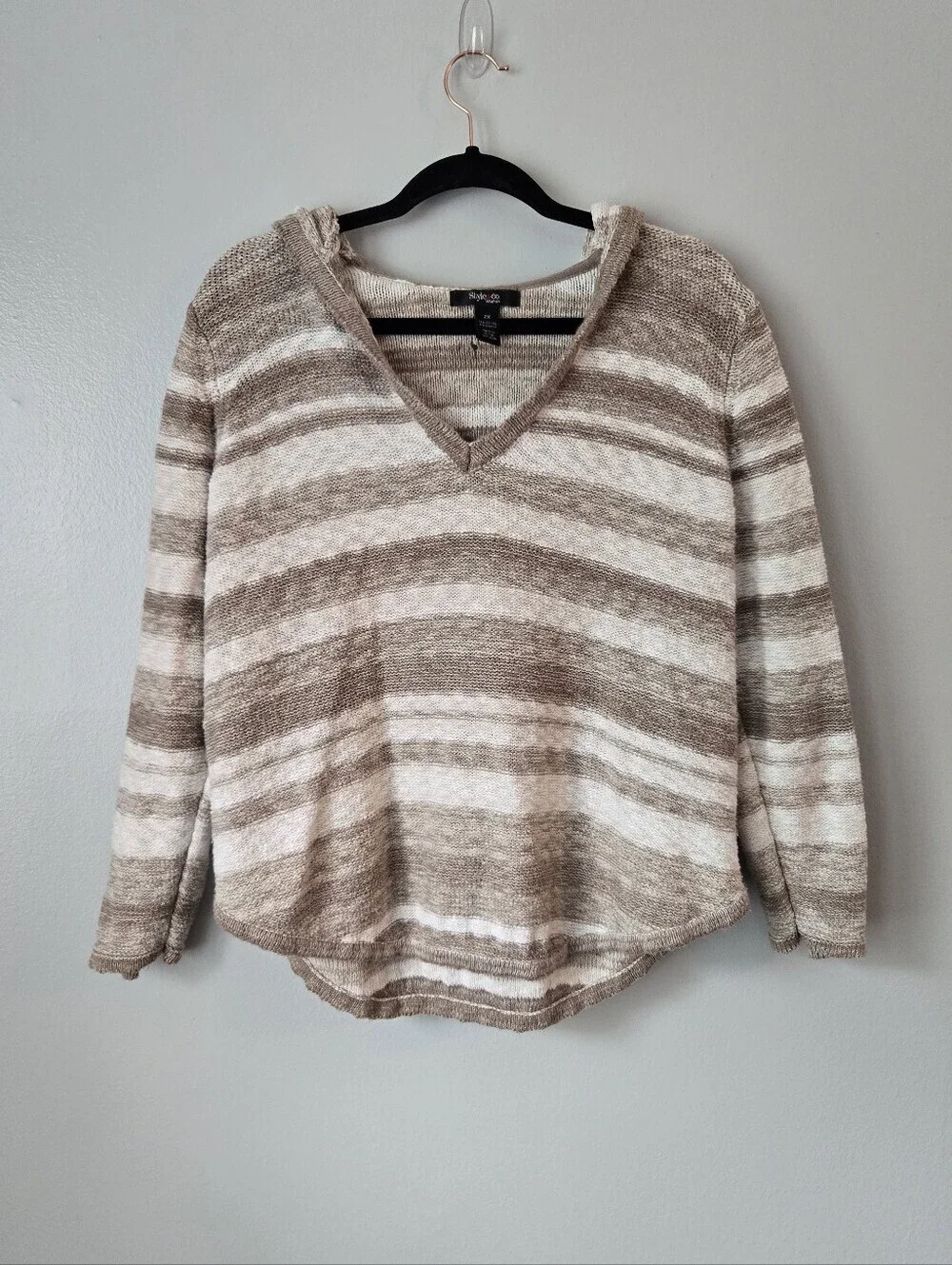 Style & Co Woman Striped Knit Hoodie Sweater Beige Brown Curved Hem Flaw 2X