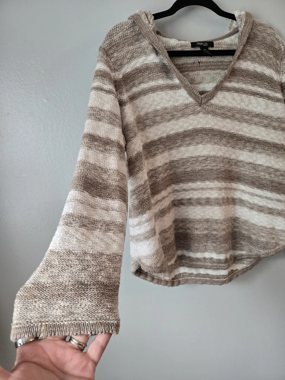Style & Co Woman Striped Knit Hoodie Sweater Beige Brown Curved Hem Flaw 2X