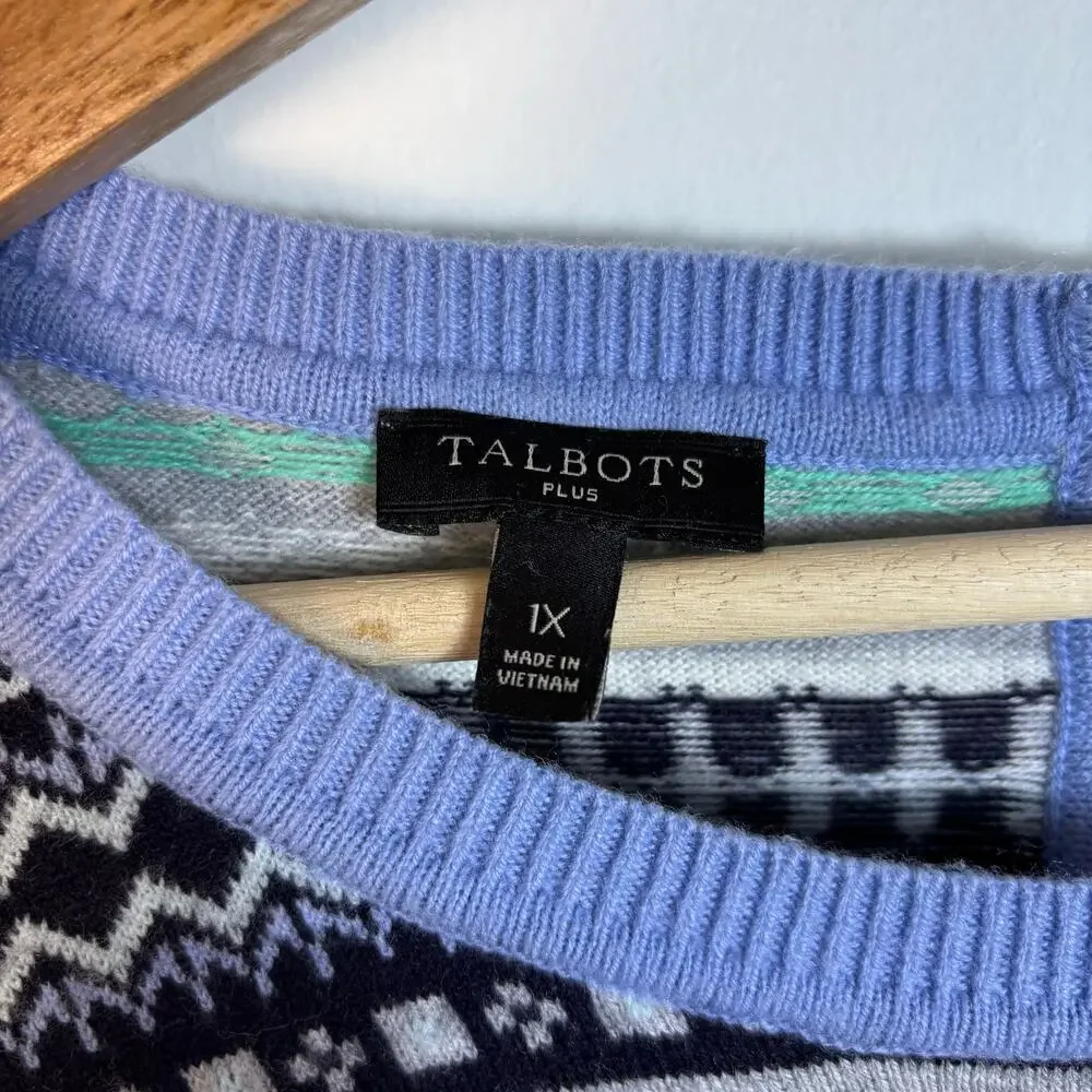 Talbots Cozy Fair Isle Crewneck Sweater size 1X Lambs Wool Preppy Warm Comfort