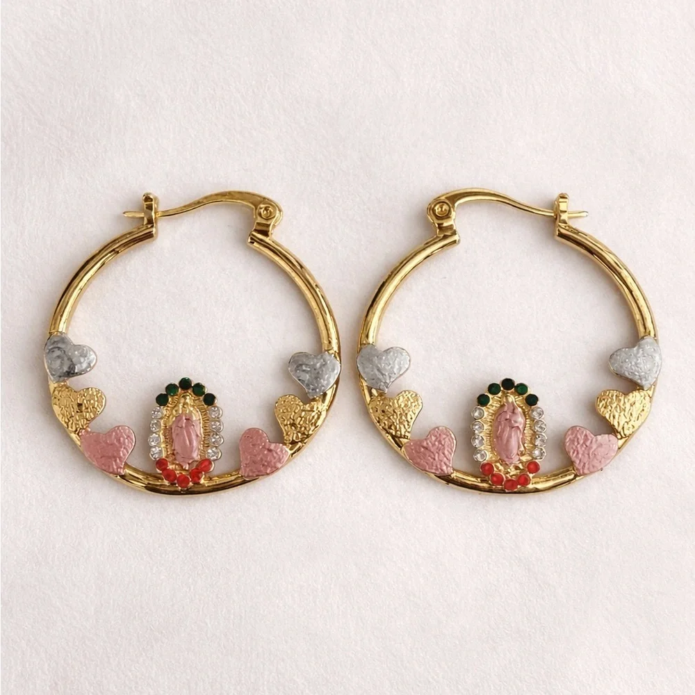 14K Gold Virgin Mary Hoop Earrings with Pink & Multicolor Heart Accents