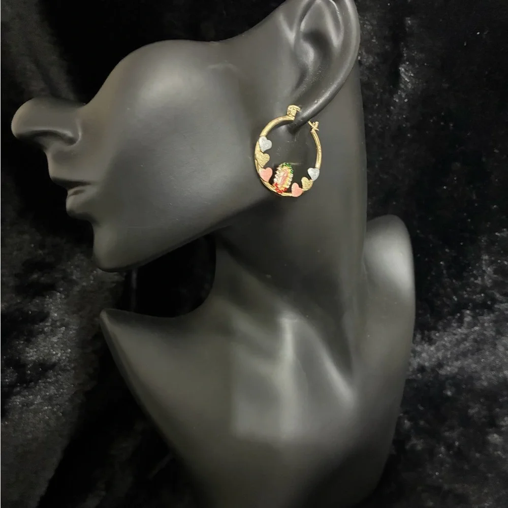 14K Gold Virgin Mary Hoop Earrings with Pink & Multicolor Heart Accents