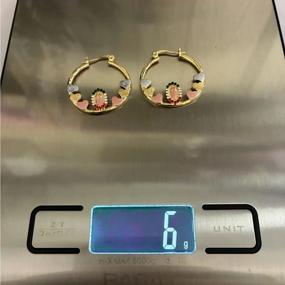 14K Gold Virgin Mary Hoop Earrings with Pink & Multicolor Heart Accents