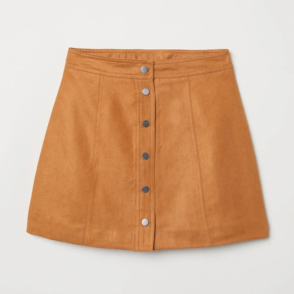 DIVIDED 16” Faux Leather Camel Tan Button Front Mini Skirt