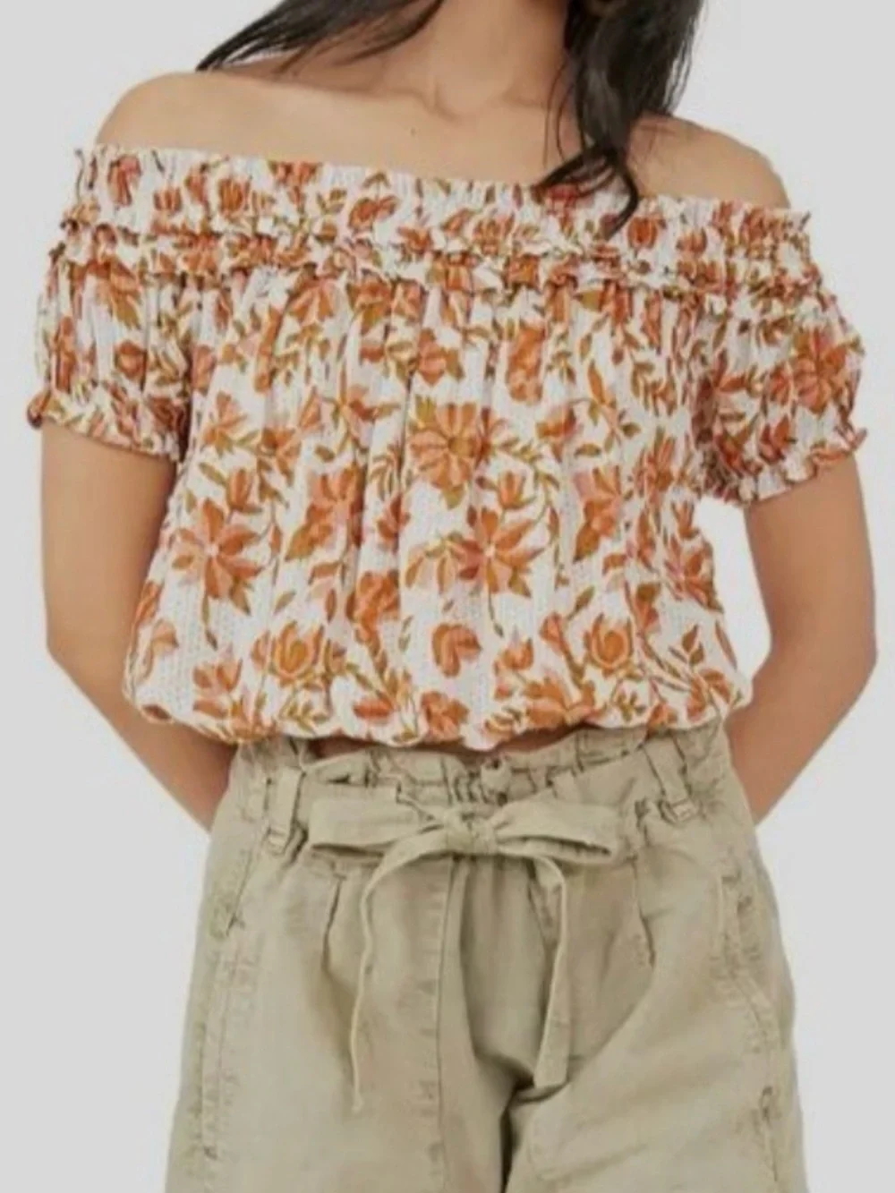 Free People Suki Floral Smocked Off-Shoulder Crop Top